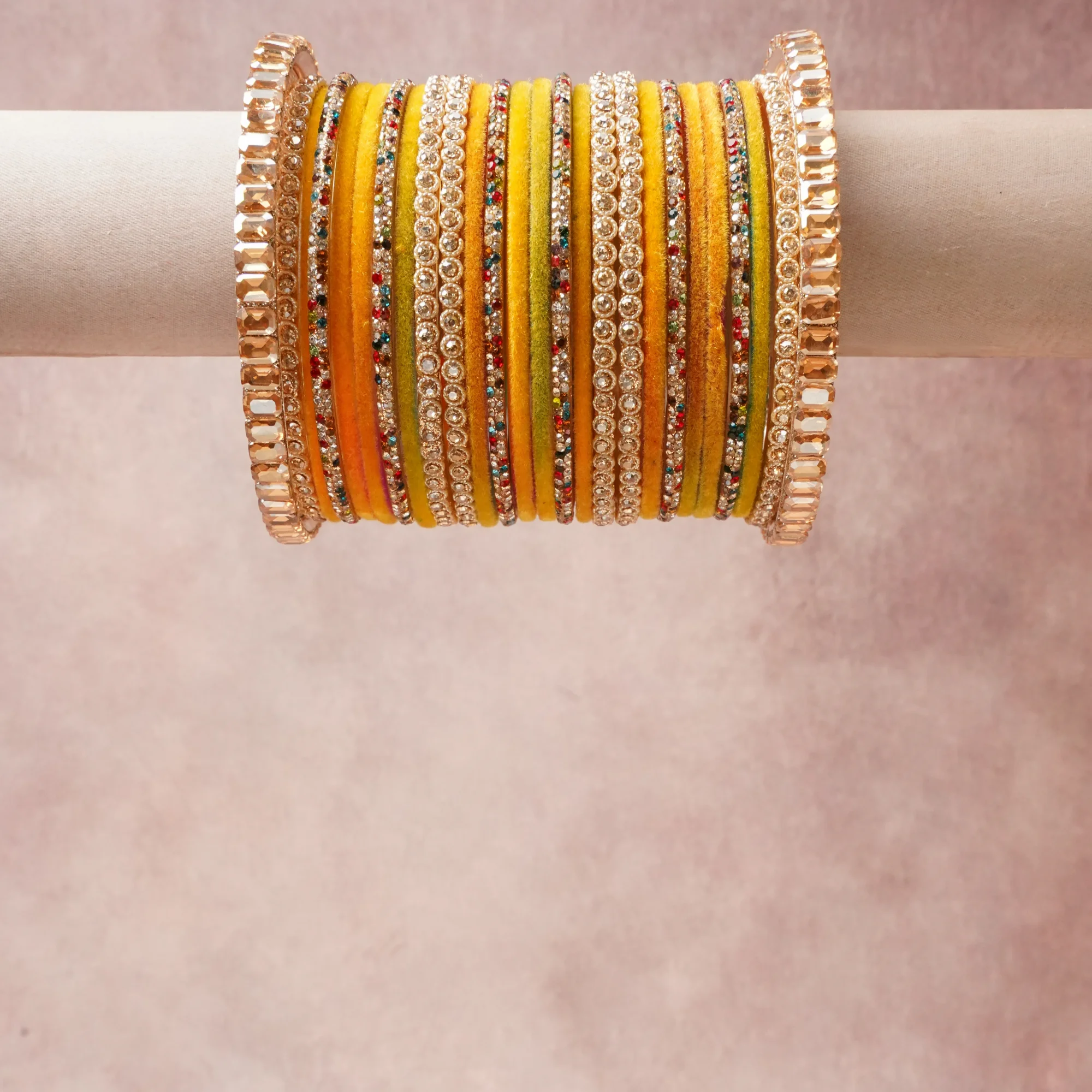 A commanding Marigold Yellow anchors this beautiful set, enriched with accents of Champagne, Multicolor that add depth and dimension.

Featuring a striking composition of Velvet, Metal Alloy, Crystal, Rhinestone, this set carries intricate craftsmanship and strong presence. Grand in form, it is created for moments that deserve to be marked.